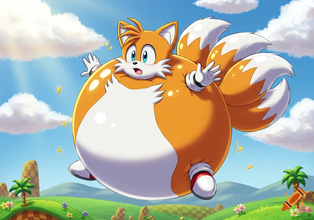 Miles "Tails" Prower is cartoonishly inflated like a giant orange and white balloon, floating in a bright blue sky with white clouds over a green hill landscape.