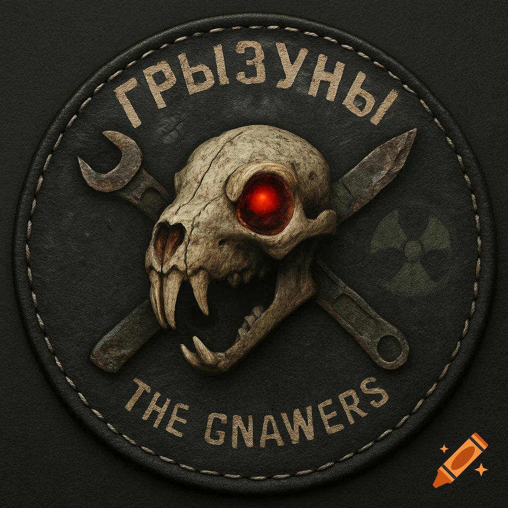 A circular black leather patch with a stylized rat skull, glowing red eye, crossed wrench and knife, and text 'ГРЫЗУНЫ THE GNAWERS'.