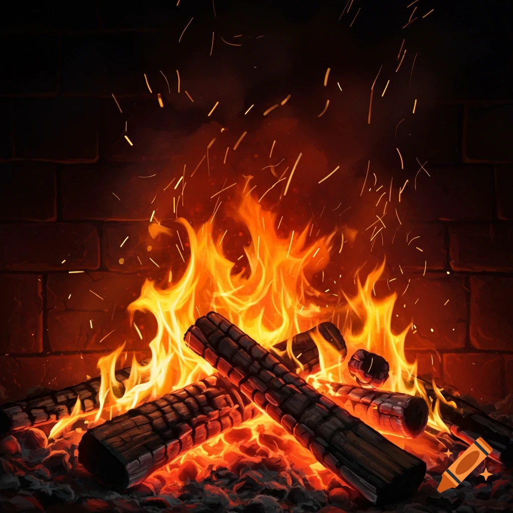 A stylized illustration of a fireplace with bright orange and yellow flames, burning logs, and glowing embers.