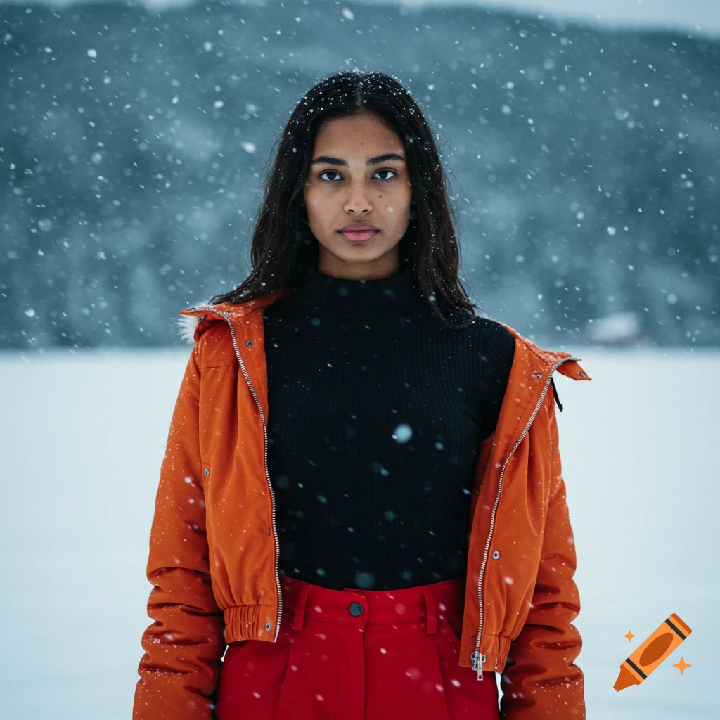A woman in an orange jacket and red pants stands in falling snow, looking directly at the viewer.