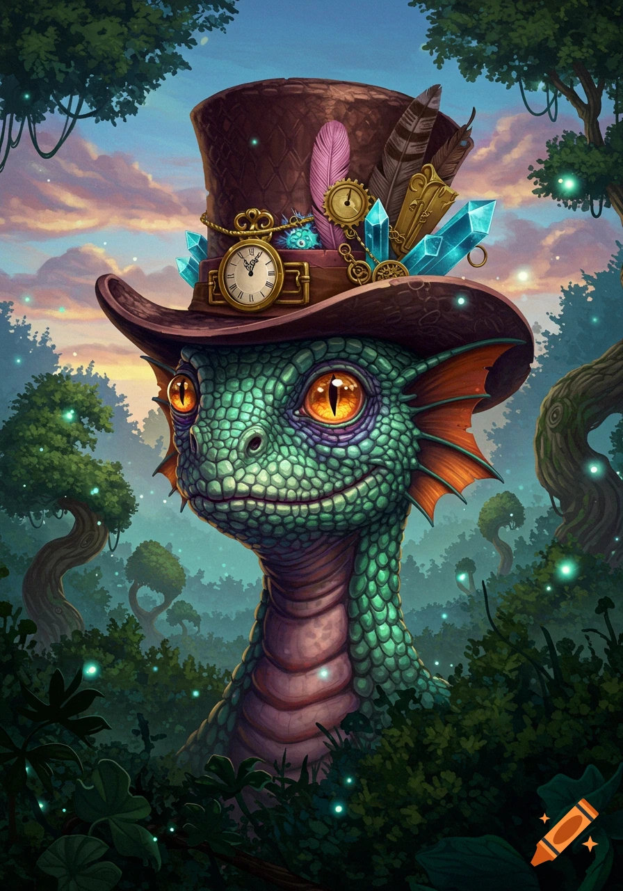 A green, scaly creature with orange eyes and gills wears a brown steampunk top hat adorned with feathers, clocks, and blue crystals, set in a whimsical forest.