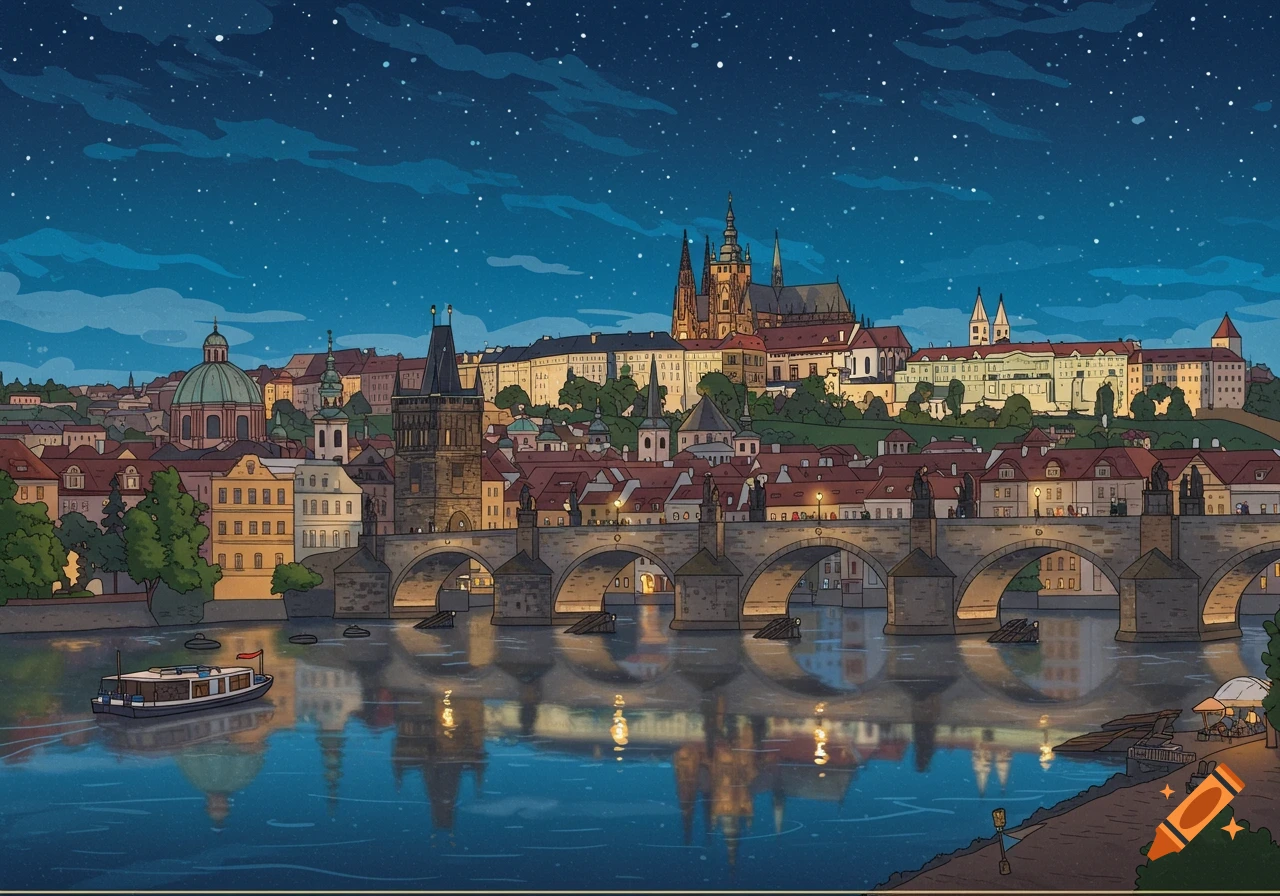 Detailed cartoon of Prague at night with Charles Bridge, Prague Castle, Vltava River reflections, and a starry sky.