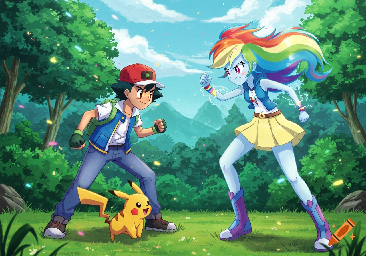Anime characters Ash Ketchum and Pikachu face off against Equestria Girl Rainbow Dash in a vibrant forest.