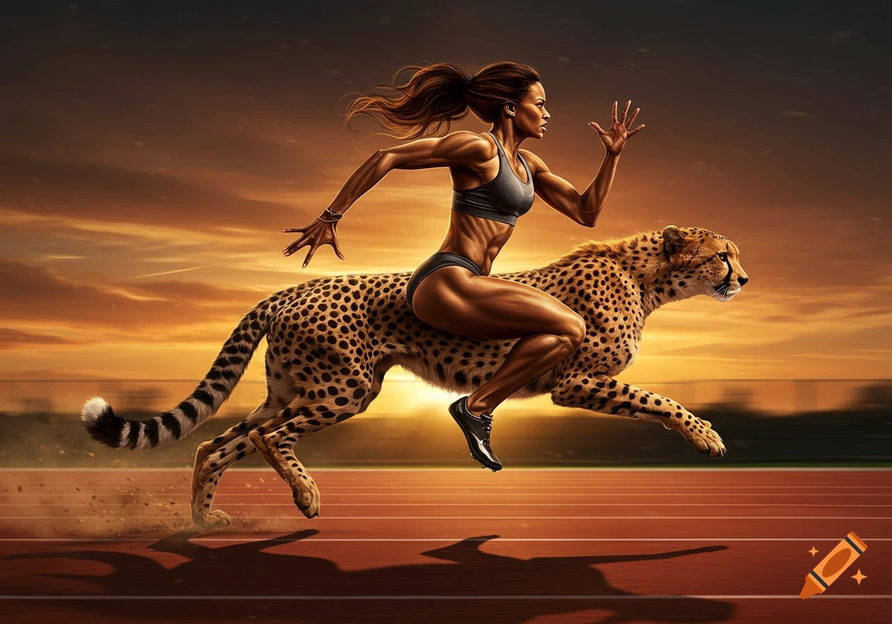 A muscled female athlete rides a sprinting cheetah on a track at sunset, with golden light in the background.