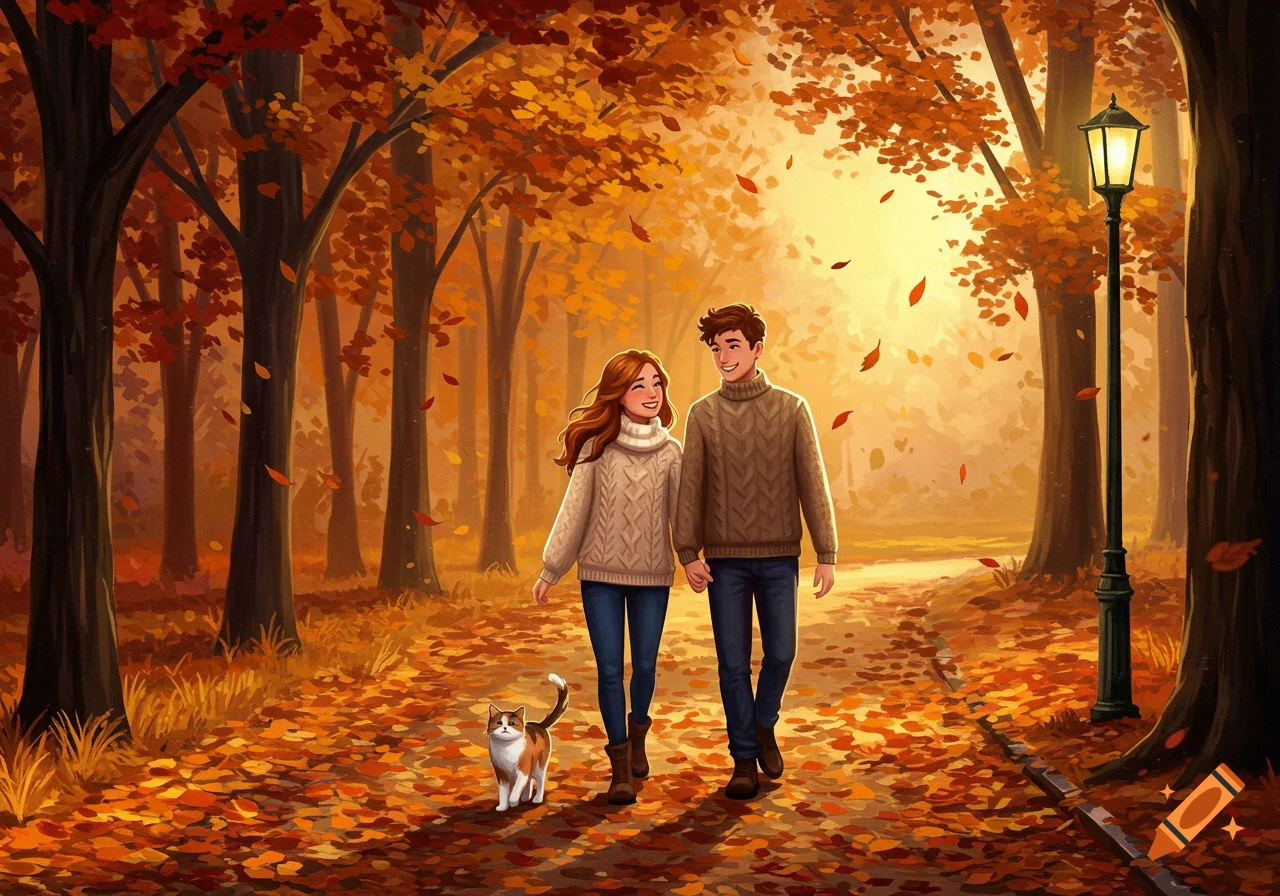 Illustrated couple holding hands walks with a calico cat through a vibrant autumn park, surrounded by orange leaves and sunlit trees.