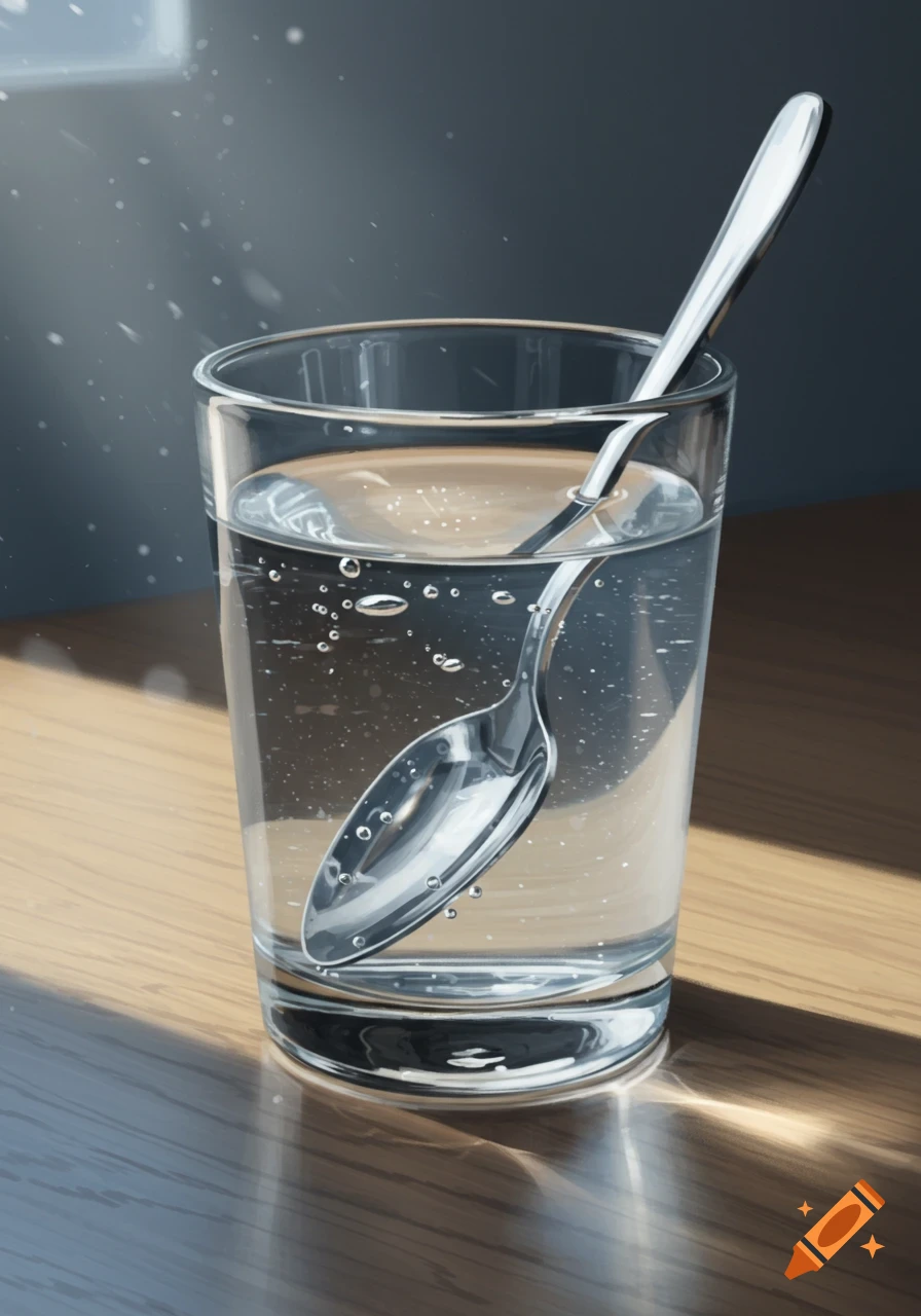 A photorealistic glass of water containing a spoon, sitting on a wooden table, with sunlight streaming in.