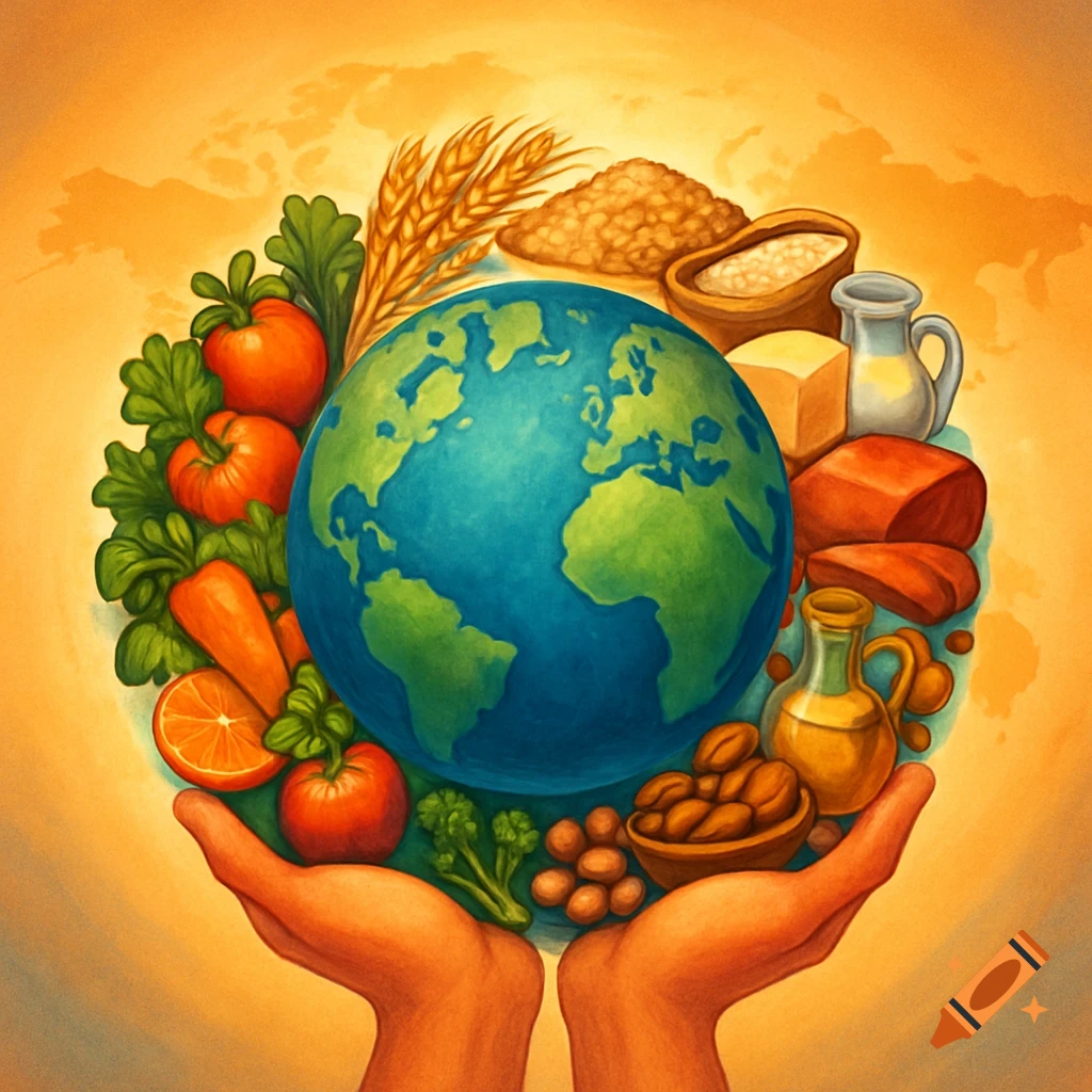 A colorful illustration of two hands holding up a globe surrounded by various food groups like vegetables, fruits, grains, and dairy products, on an orange background.