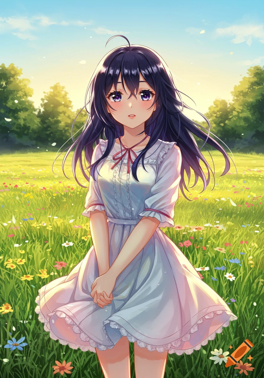 An anime girl with long dark hair, wearing a white dress, stands in a vibrant green field filled with colorful flowers under a sunny blue sky.