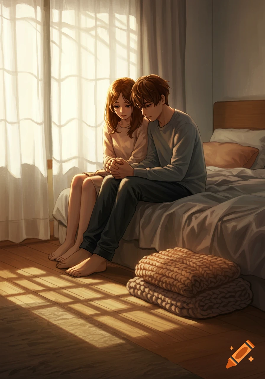 A sad young anime couple sits on a bed in a bedroom, with sunlight streaming through a window.