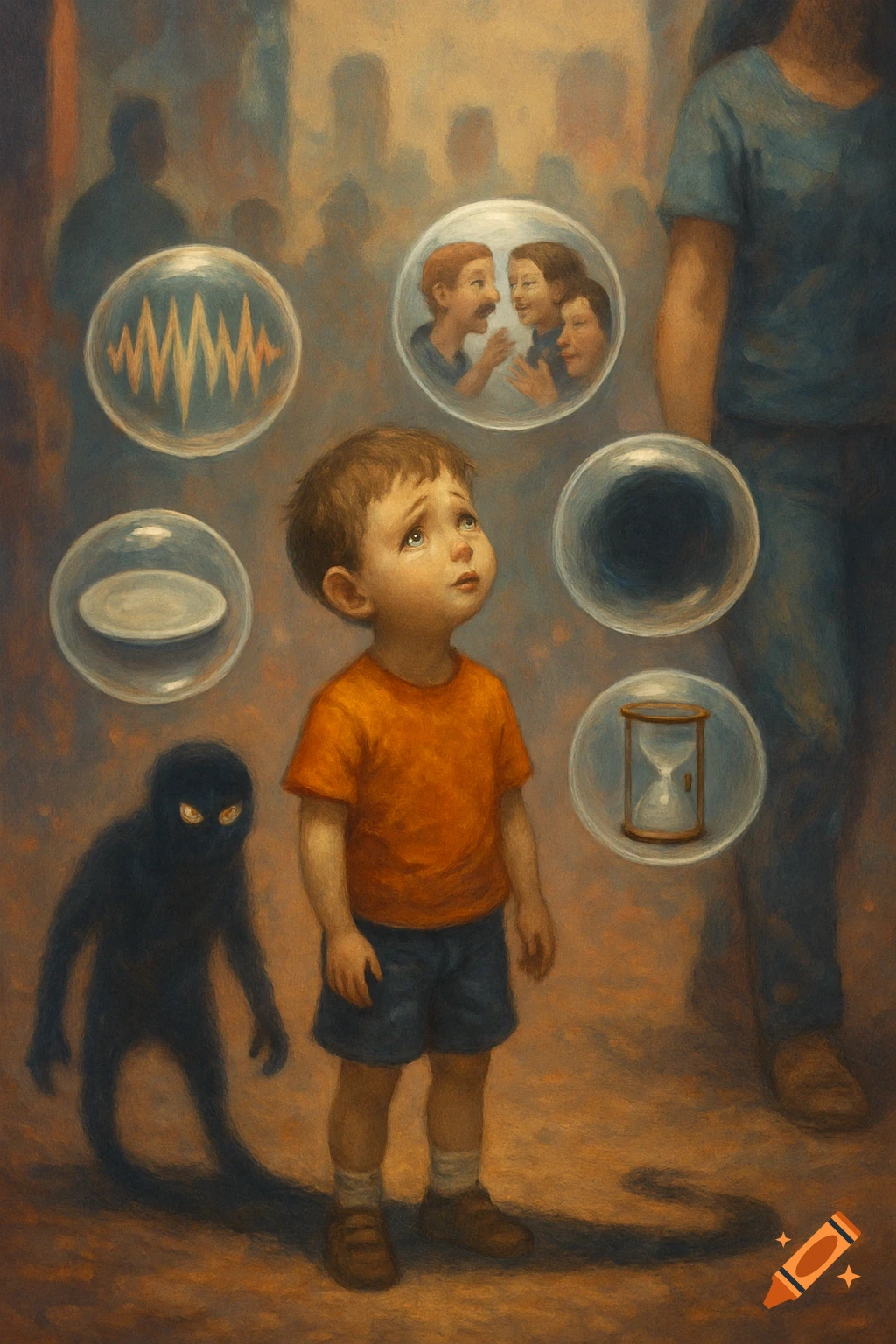 A crying child looks up as a dark monster shadow looms behind them, surrounded by thought bubbles containing an hourglass, talking faces, and soundwaves, in a painting style.