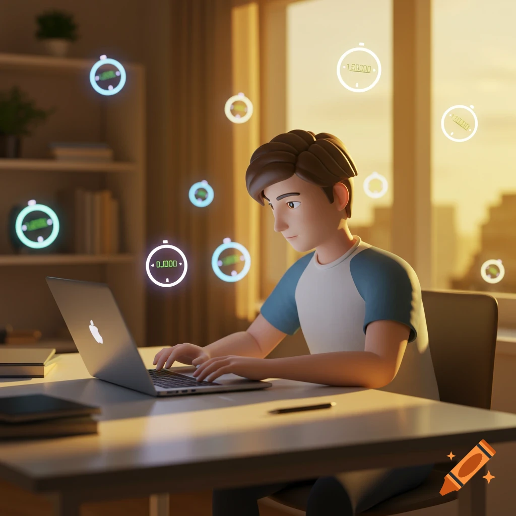 3D digital art of a young person working on a laptop, surrounded by glowing timers, with soft sunlight from a window.