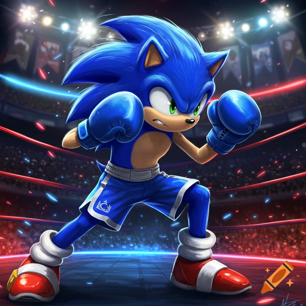 Detailed fan art of Sonic the Hedgehog wearing blue boxing gloves and shorts, posing in a boxing ring with dynamic lighting.