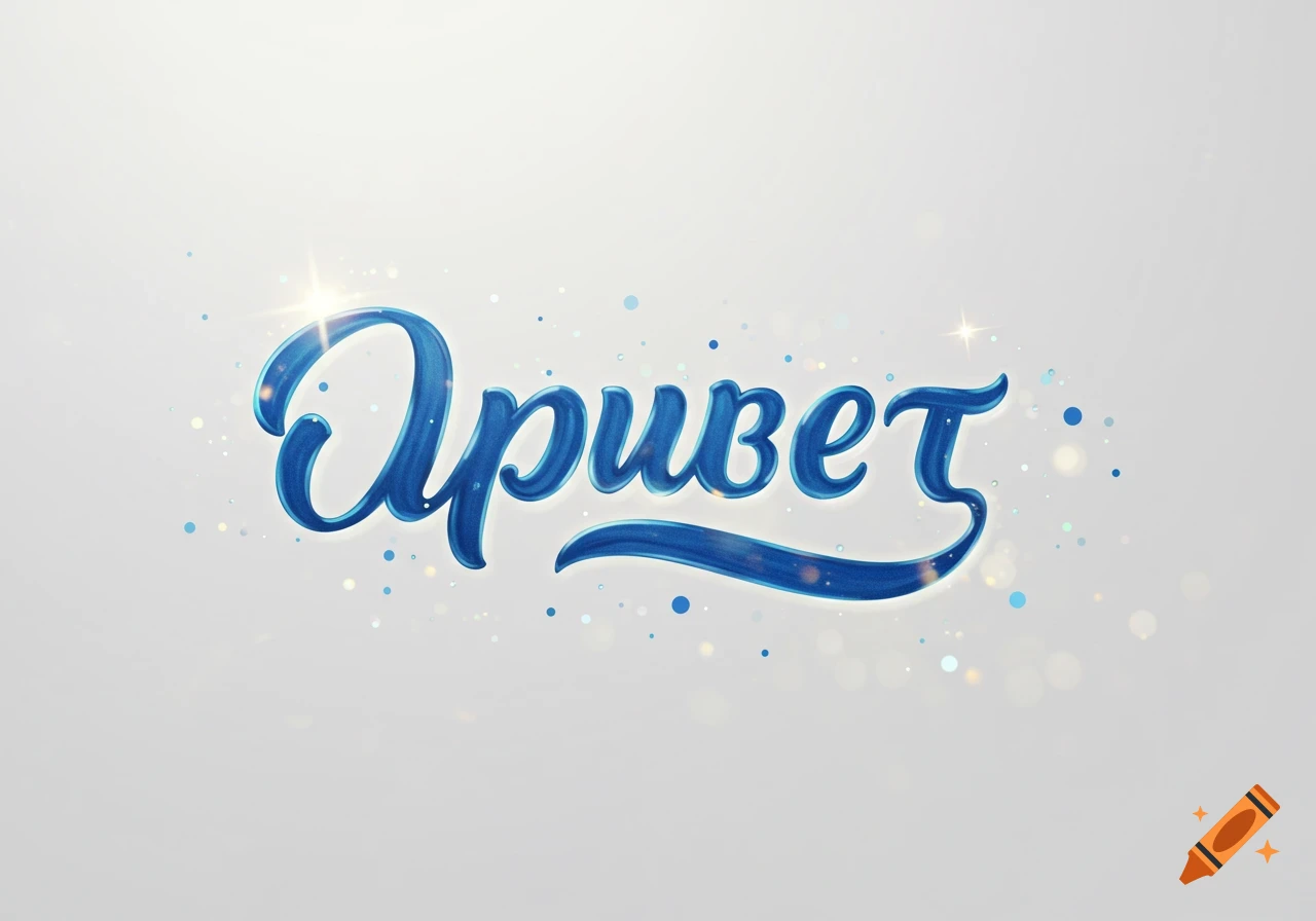 Stylized blue script of the word 'Привет' (Hello) with sparkles on a light gray background.