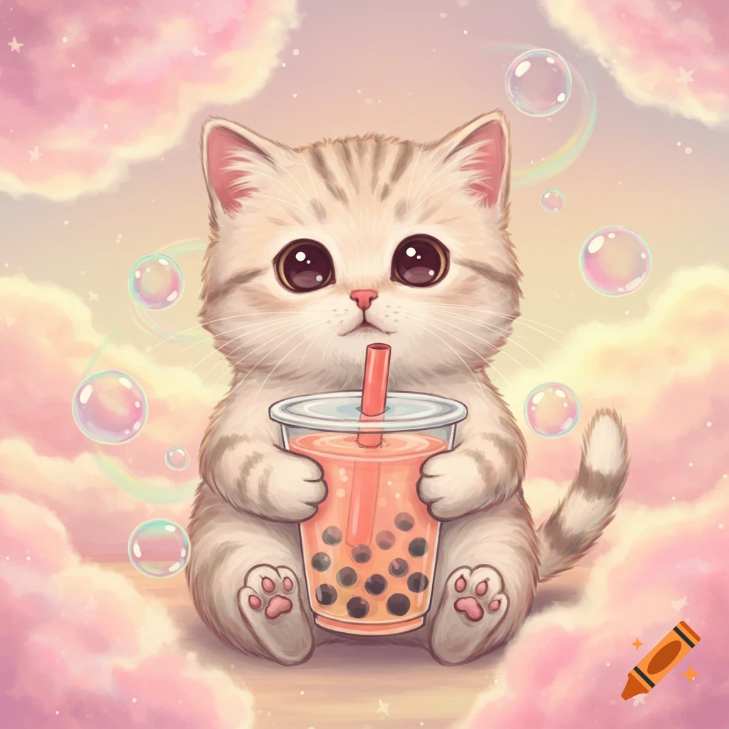 A cute cartoon cat holding a cup of boba tea, surrounded by colorful bubbles and pastel clouds.