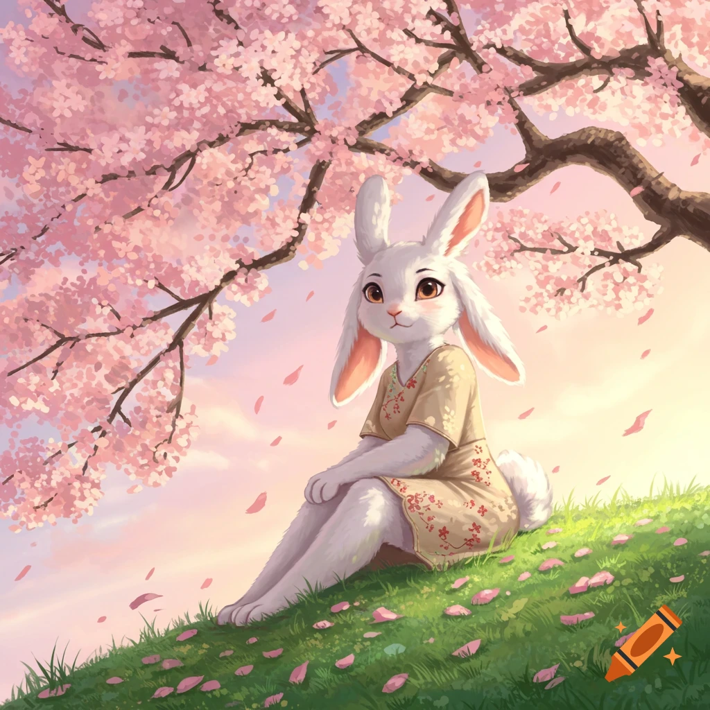 A white anthropomorphic bunny in a floral dress sits on a grassy hill under a pink cherry blossom tree, digital art.