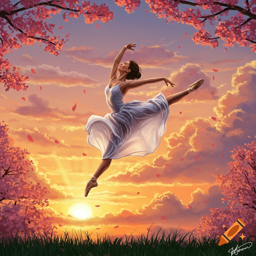 A ballerina in a white dress leaps gracefully with arms extended, surrounded by pink cherry blossoms and falling petals against a vibrant sunset sky with clouds and a hint of grass below.