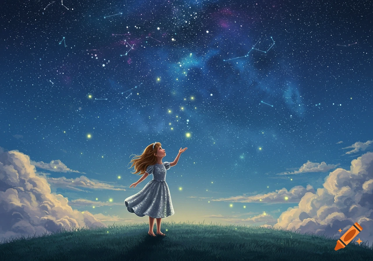 Illustrated fantasy art of a young girl on a grassy hill, reaching up to a magical starry night sky with constellations and glowing clouds.