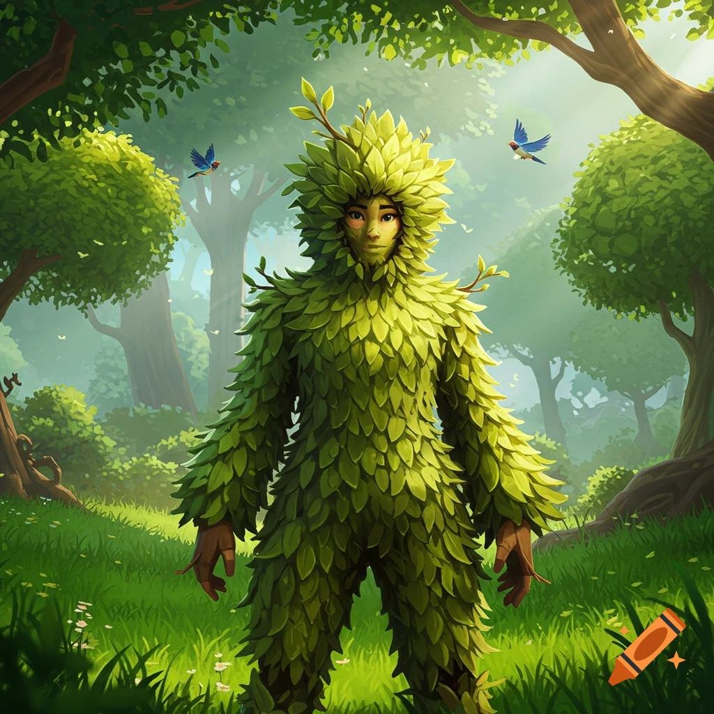 A person in a detailed green leaf suit stands in a vibrant, lush forest with birds flying. Illustrative style.