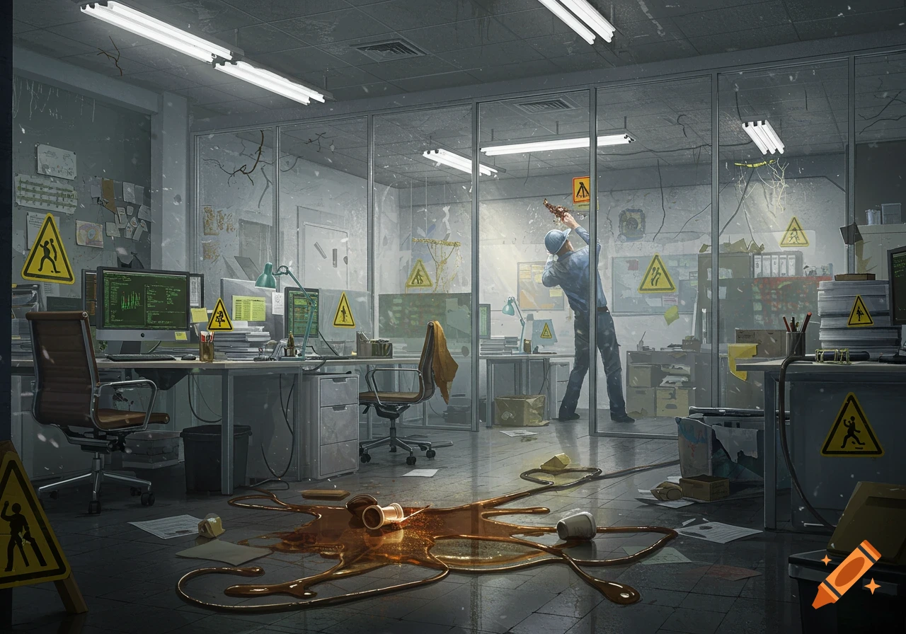 A man in a hard hat struggles in a messy, damaged office filled with yellow caution signs and a large spilled drink on the floor, depicting occupational hazards.