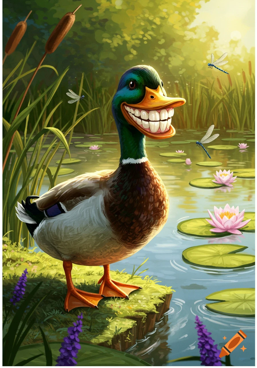 A cartoon mallard duck with perfect human teeth grins by a pond with water lilies, dragonflies, and reeds.