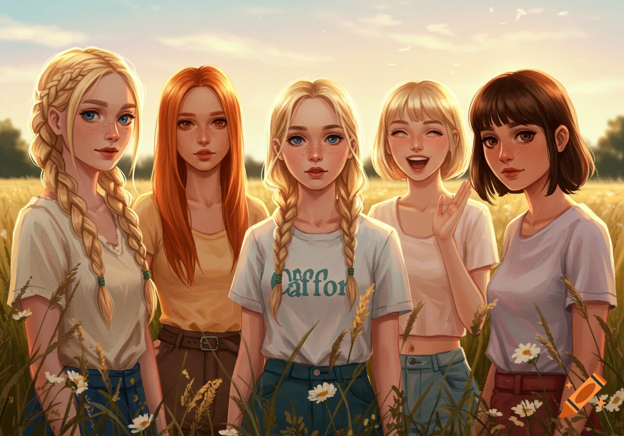 Five anime-style girls with various hair colors and styles stand in a sunlit field with daisies and tall grasses.