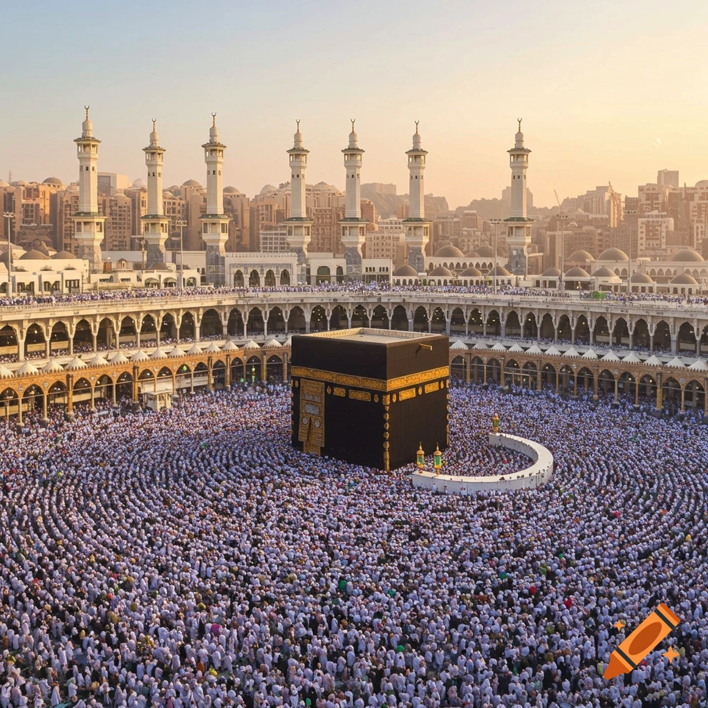 A photorealistic aerial view of the Kaaba in Mecca, surrounded by thousands of pilgrims in concentric circles.