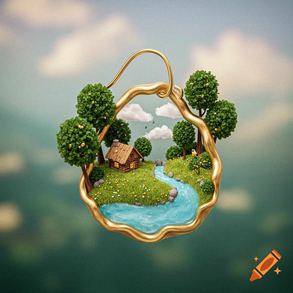 A detailed miniature diorama of a log cabin, river, and trees, nestled inside a golden earring, against a blurred sky background.