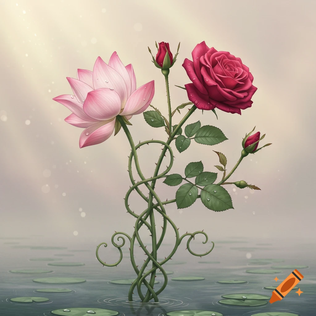 Detailed illustration of a pink lotus and red rose intertwined by thorny green vines, emerging from water with lily pads.