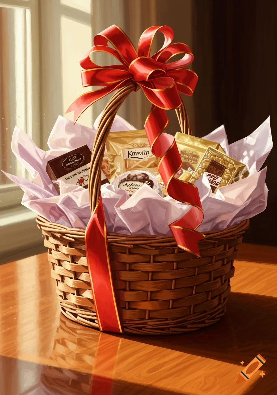 A gift basket with a large red bow sits on a wooden table, filled with wrapped chocolates and snacks amidst white tissue paper.