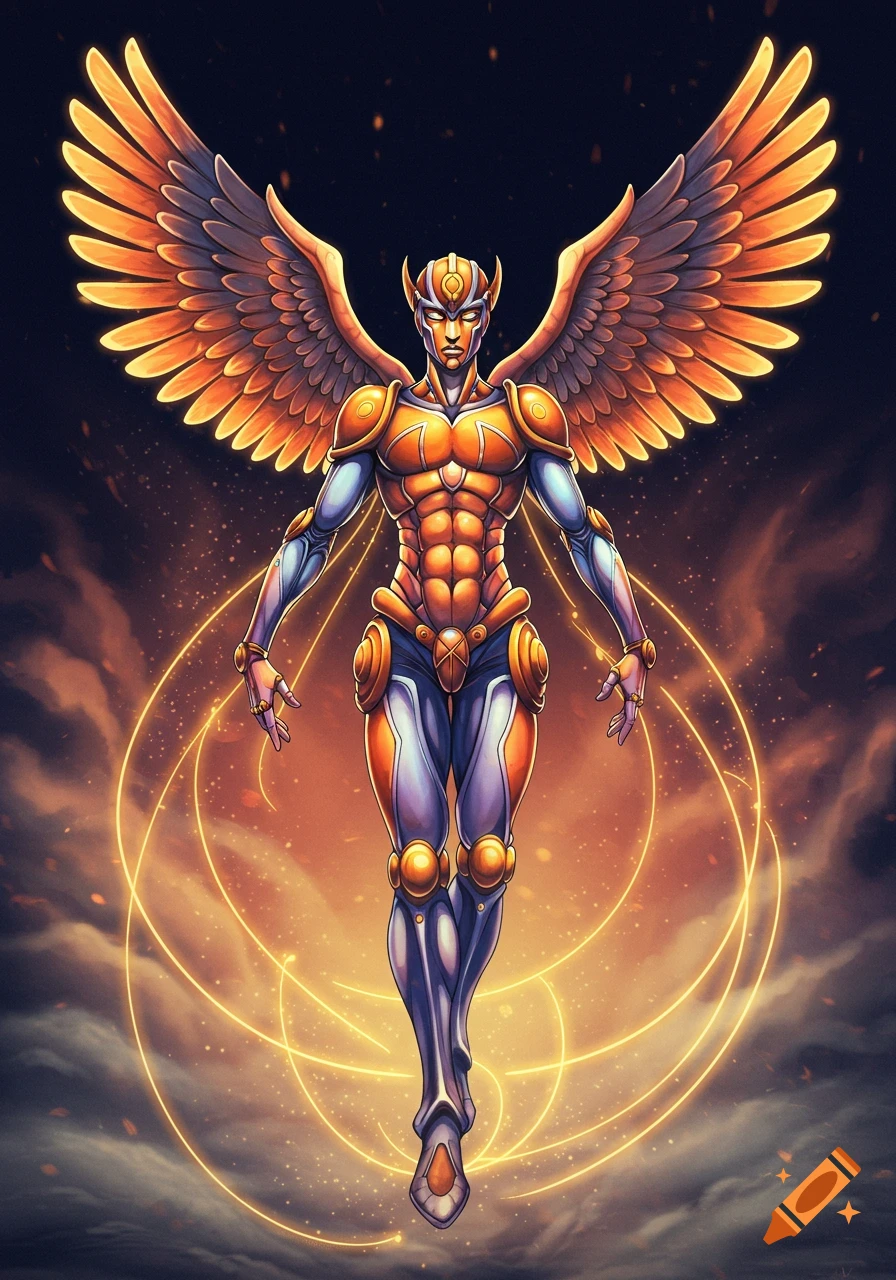 An armored humanoid character with large golden wings floats, surrounded by glowing energy rings, in a dramatic anime style.