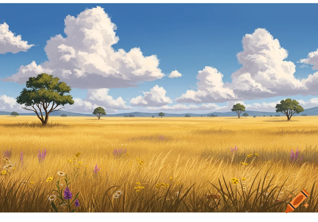 A vibrant illustrated landscape of a golden field with scattered trees under a bright blue sky with fluffy white clouds.
