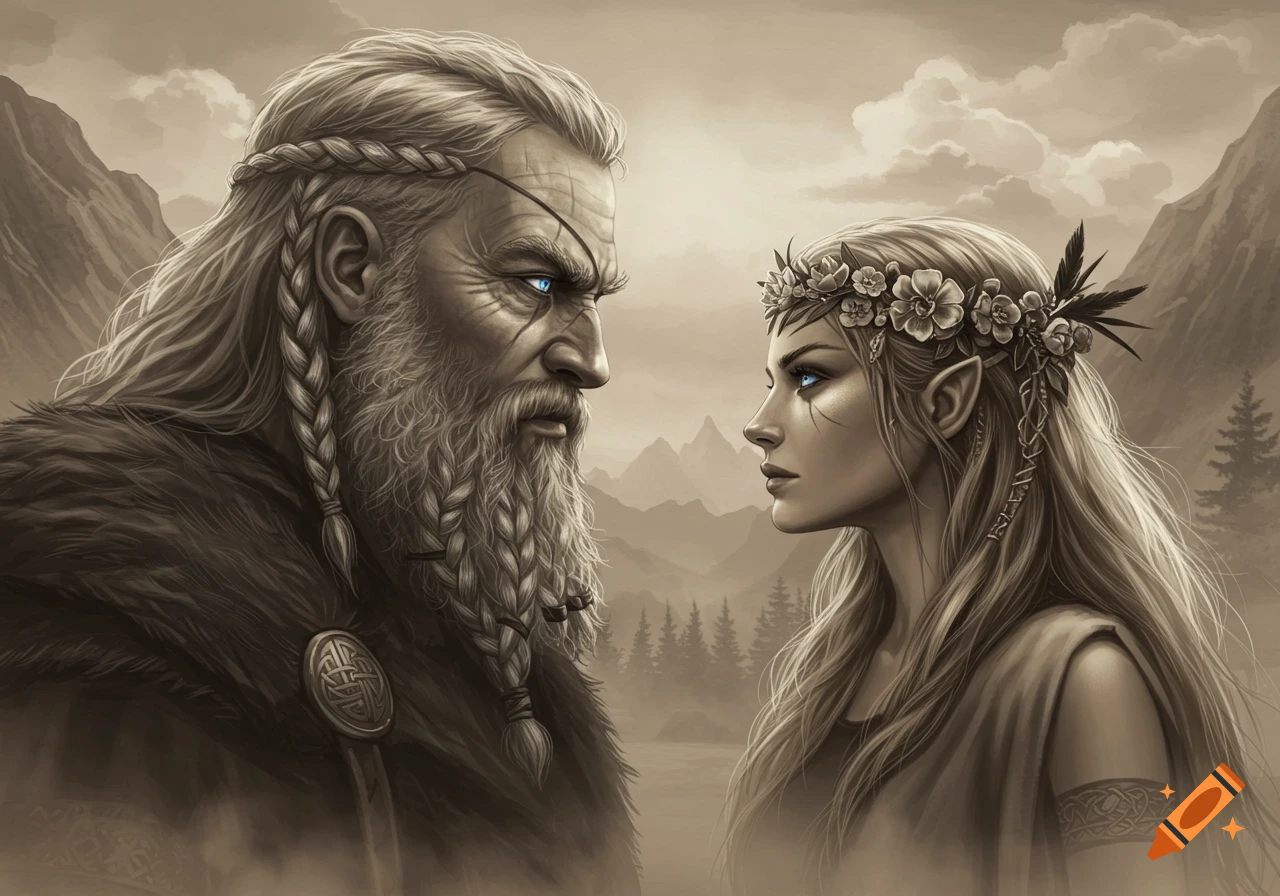 A sepia-toned fantasy art portrait of a bearded man with braided hair and an elf woman with a flower crown, gazing at each other in a mountain landscape.