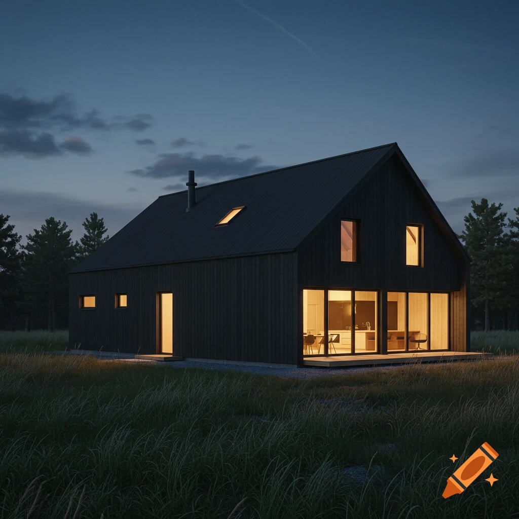 A modern dark Scandinavian barndominium with lighted windows sits in a grassy field at dusk.