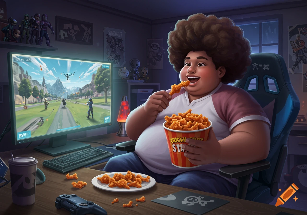 An obese kid with an afro smiles while eating chicken stars and playing a video game in a dimly lit room.