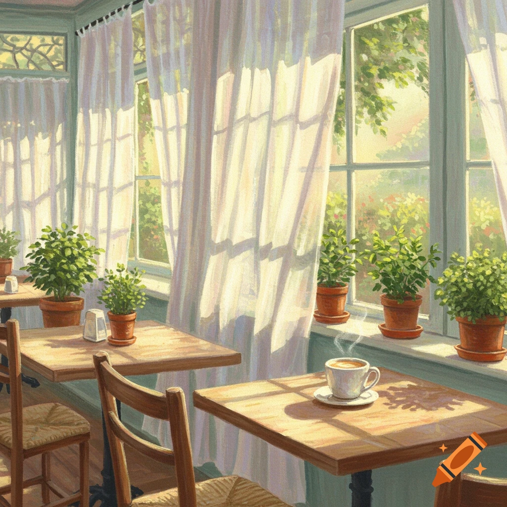A sunlit cafe interior with sheer white curtains, potted green plants on window sills, and a steaming cup of coffee on a wooden table, in a painterly style.