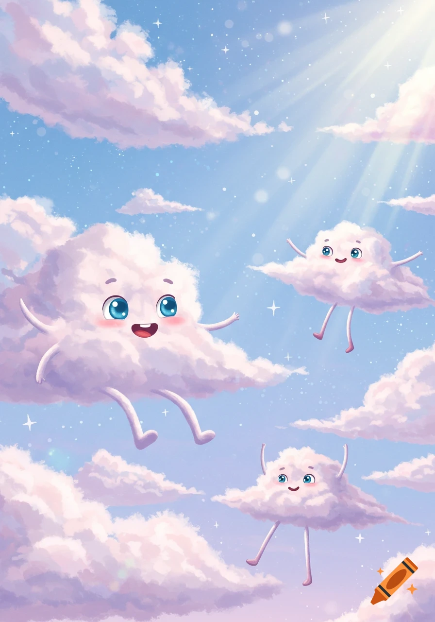 Happy cartoon clouds with faces, arms, and legs float in a light blue and pink sky with sun rays in an illustration.