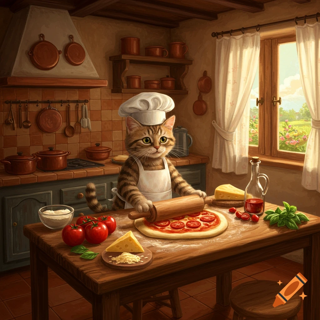 A cute tabby cat chef in a rustic kitchen rolls pizza dough, with tomatoes, cheese, and basil nearby.