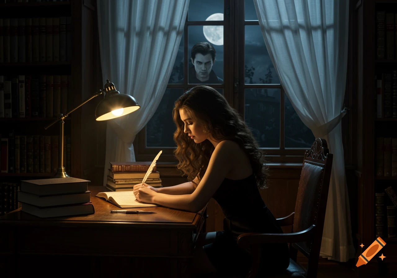 A woman writes at a desk in a dark room, illuminated by a lamp, as a vampire watches her from outside a moonlit window.
