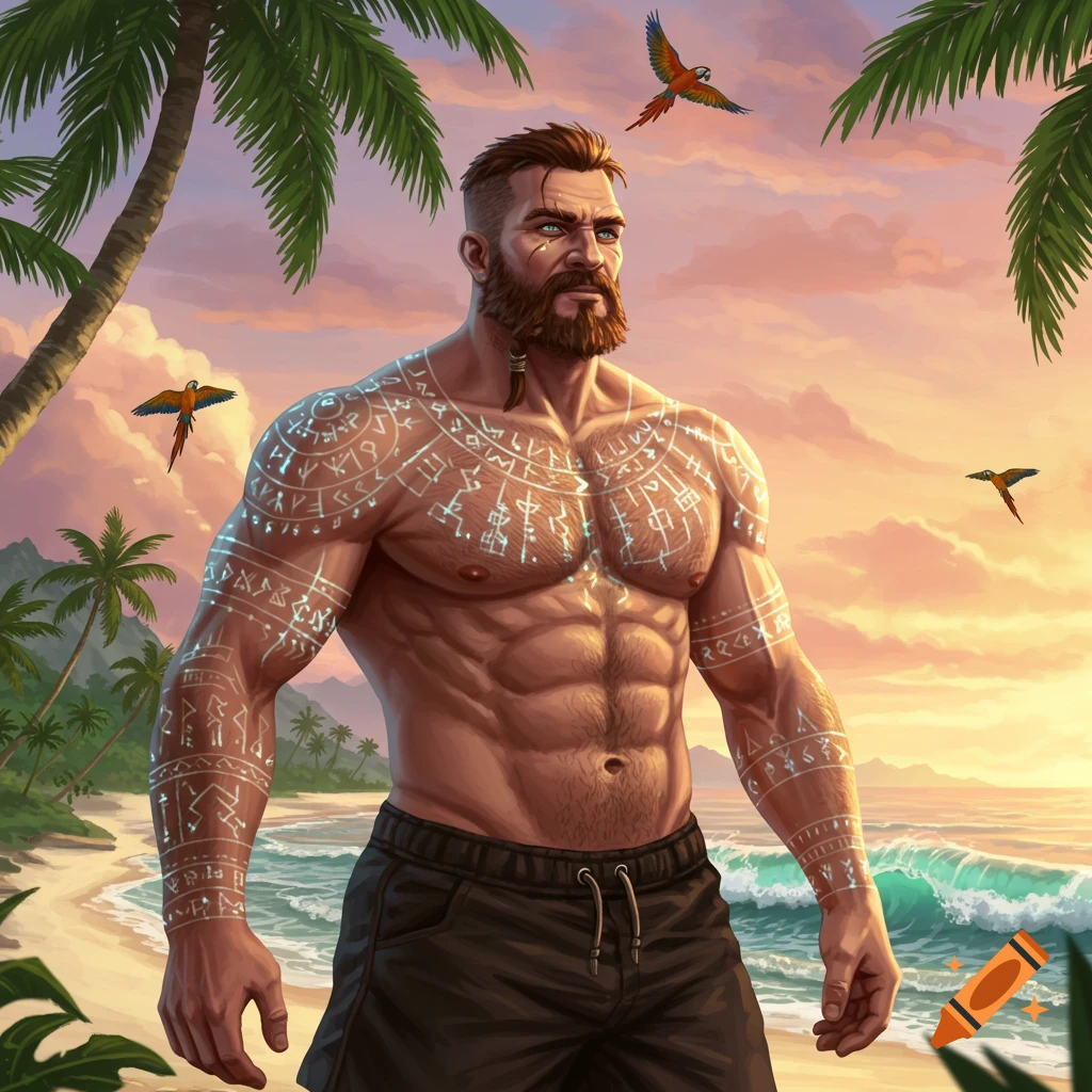 Muscular man with a beard and glowing runic tattoos stands on a tropical beach at sunset, with palm trees and flying parrots.