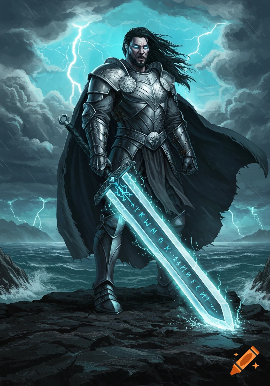 A powerful male warrior in detailed fantasy armor with a glowing runic sword stands on a rocky shore during a stormy lightning-filled sky.