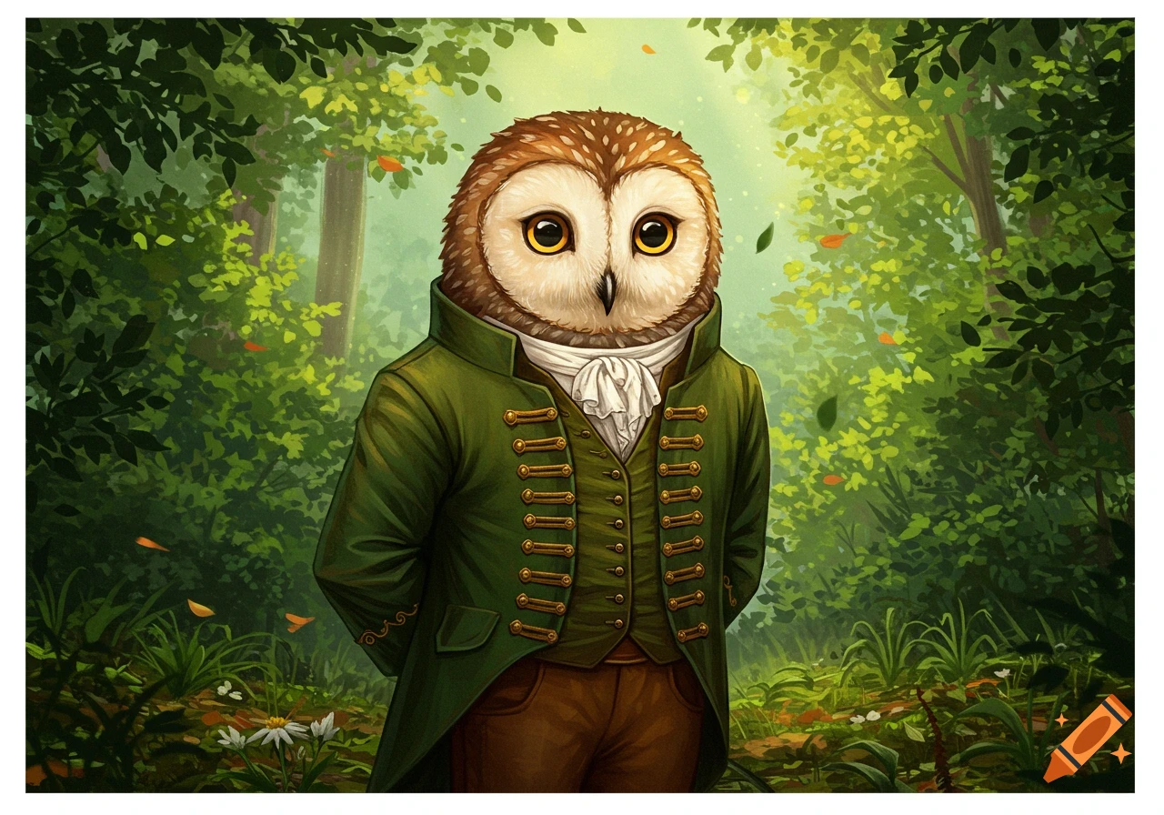 An anthropomorphic owl wearing a green historical jacket and white cravat stands in a sunlit forest.