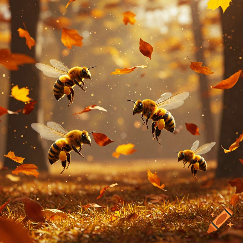 Several photorealistic honey bees fly among falling orange autumn leaves above a grassy ground.