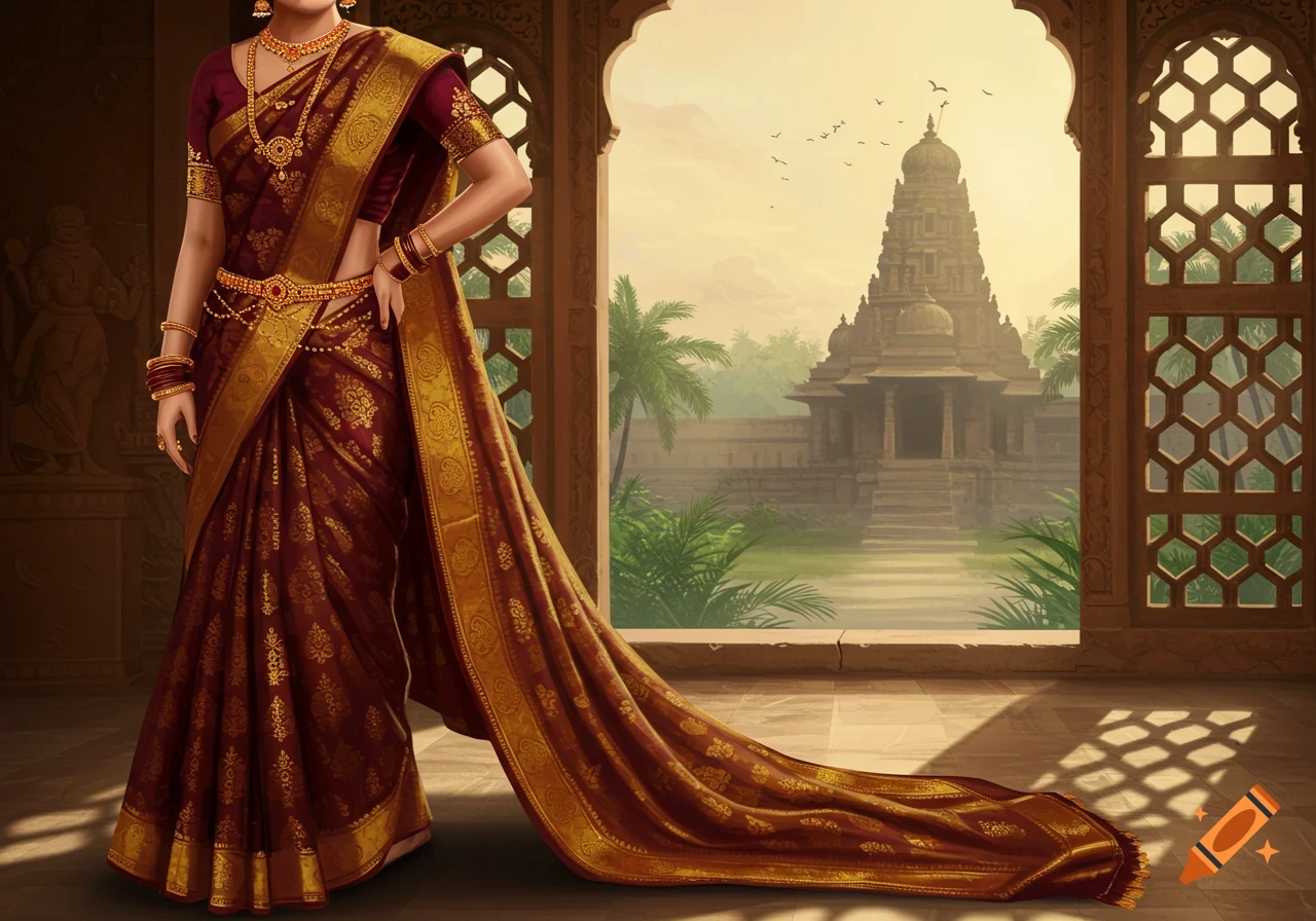 Woman in ornate maroon and gold Indian sari stands in a carved doorway overlooking an ancient temple at sunset.
