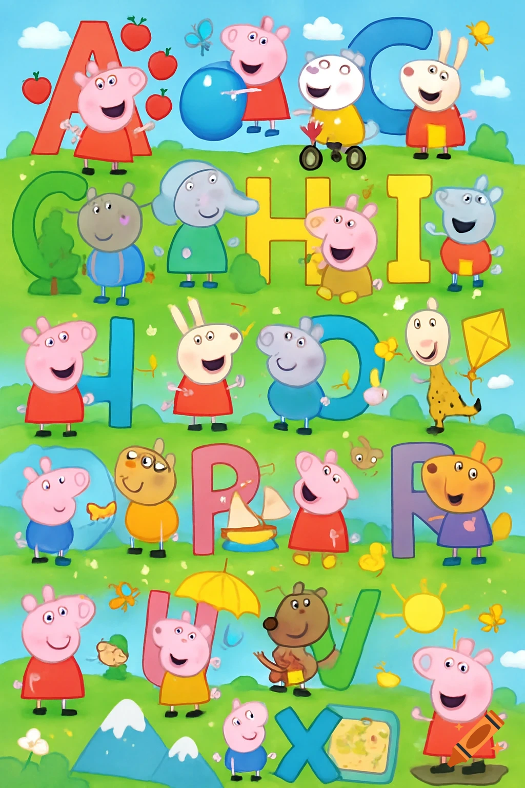 A vibrant cartoon alphabet poster featuring Peppa Pig and friends alongside large, colorful letters A through X on a grassy hill.