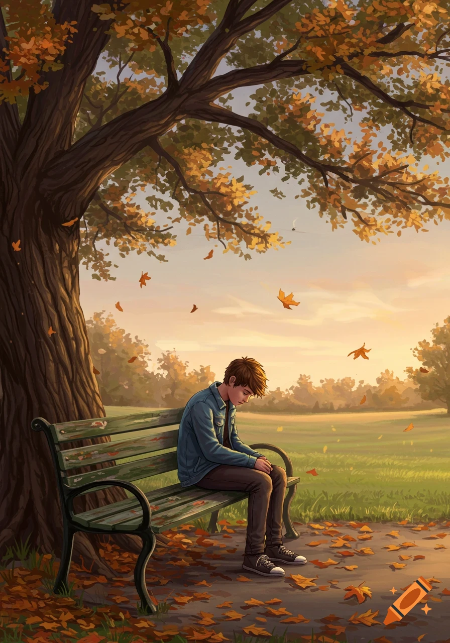 A sad teenage boy sits alone on a park bench under a large autumn tree with falling leaves, illustration.