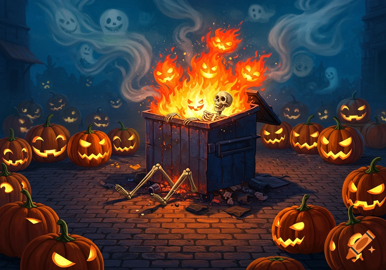 An animated Halloween scene with a skeleton in a dumpster fire surrounded by glowing jack-o'-lanterns and ghosts in the smoky background.