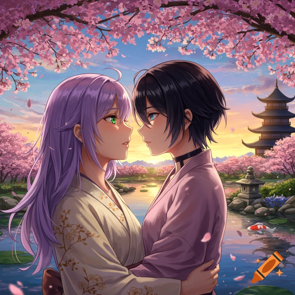 Two anime women embrace under cherry blossom trees at sunset in a Japanese garden with a pagoda.
