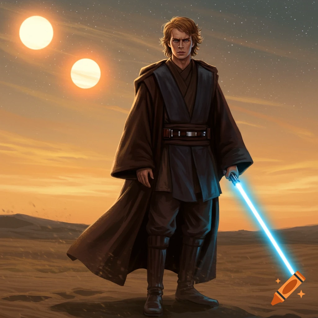 Anakin Skywalker stands on a desert planet with twin suns, holding a blue lightsaber in an illustrative style.