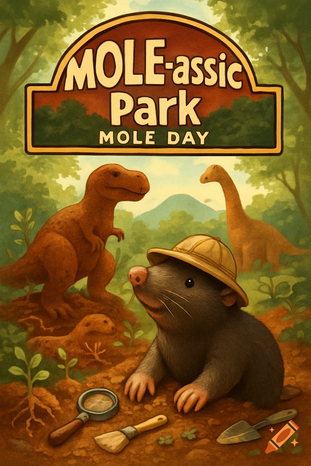 A mole in a safari hat explores a forest with cartoon dinosaurs, under a 'MOLE-assic Park MOLE DAY' title. Illustration.