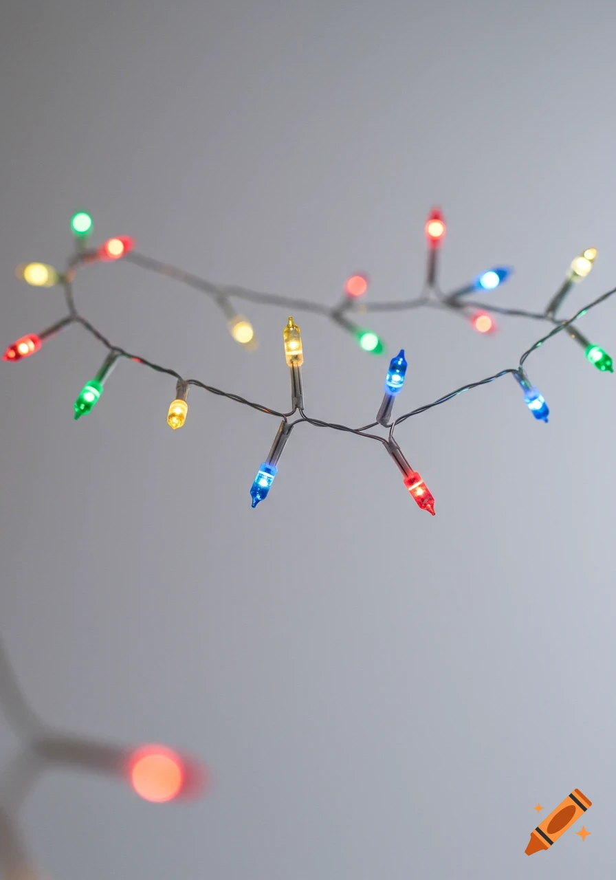 A string of colorful, illuminated fairy lights against a plain grey background.